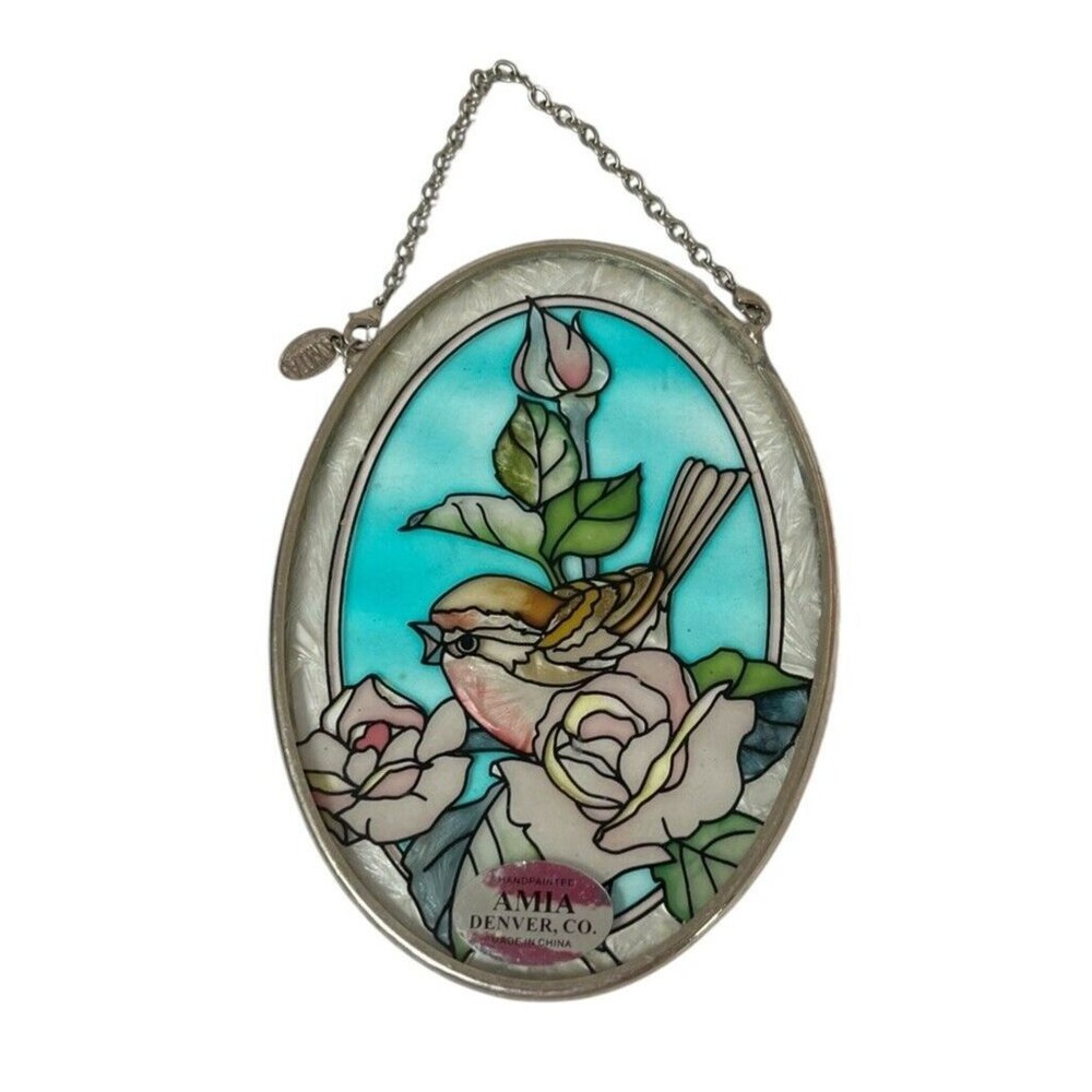 Amia Stained Glass Suncatcher Birds Pink Floral 3.25"W x 5.75"H Blue Green Brown